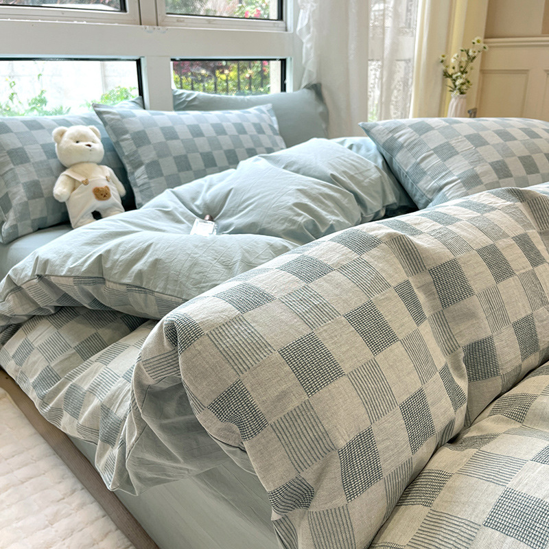 格子无印华夫格床上四件套床上用品水洗棉床单被套被罩三件套床品