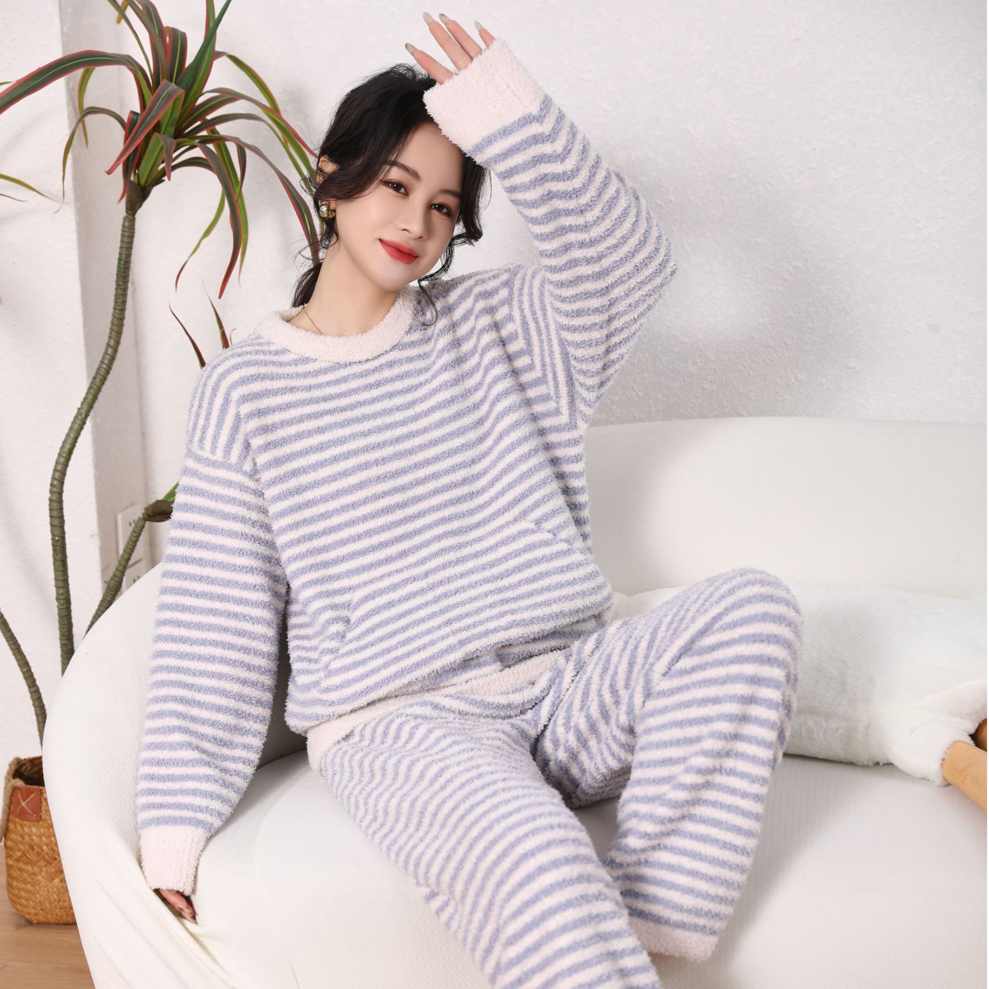 韩版少女条纹针织睡衣女冬季睡衣保暖半边绒长袖长裤家居服套装