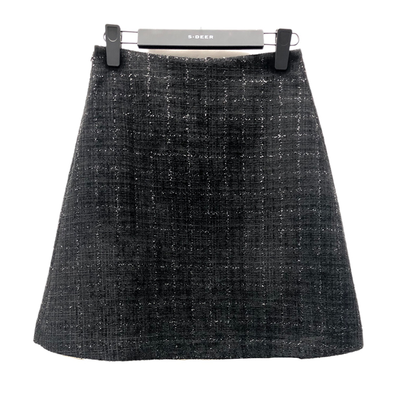 圣迪奥时尚简约黑色纹理通勤显瘦百搭女款短裙S223Z1326