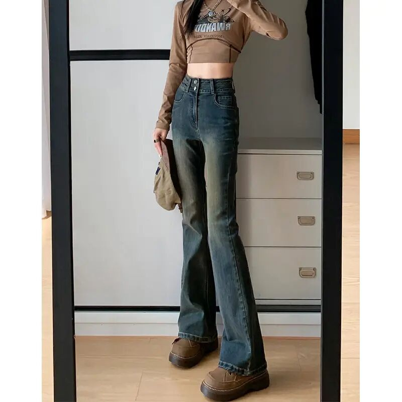 真衣坊微喇水泥灰牛仔裤女2025年春季新款高腰显瘦弹力微喇裤子