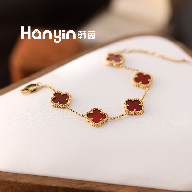 高定1.3cm红玛瑙五花四叶草不掉色手链轻奢高级感AAA