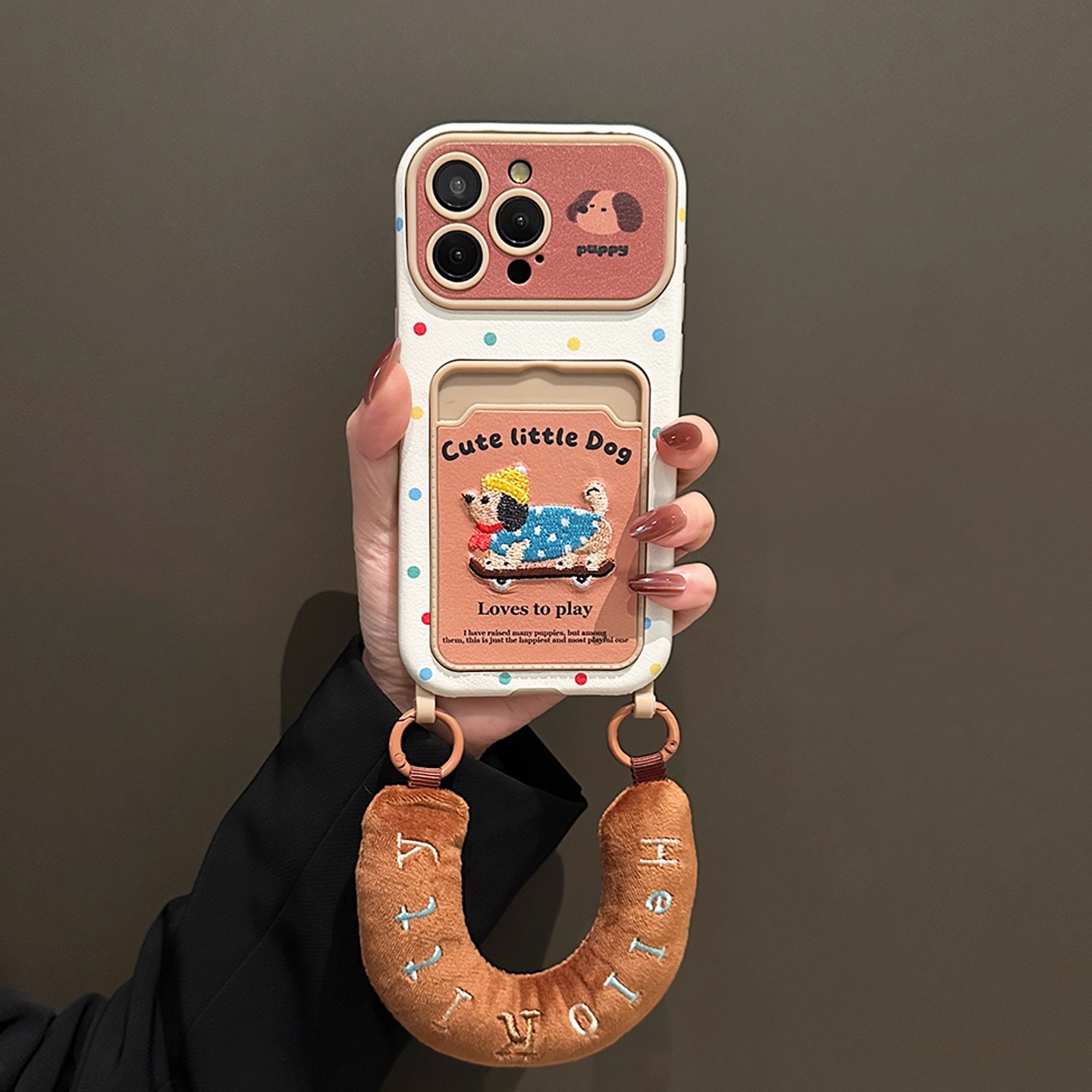 秋冬款刺绣腊肠狗卡包适用iphone17promax苹果16手机壳15挂绳14新