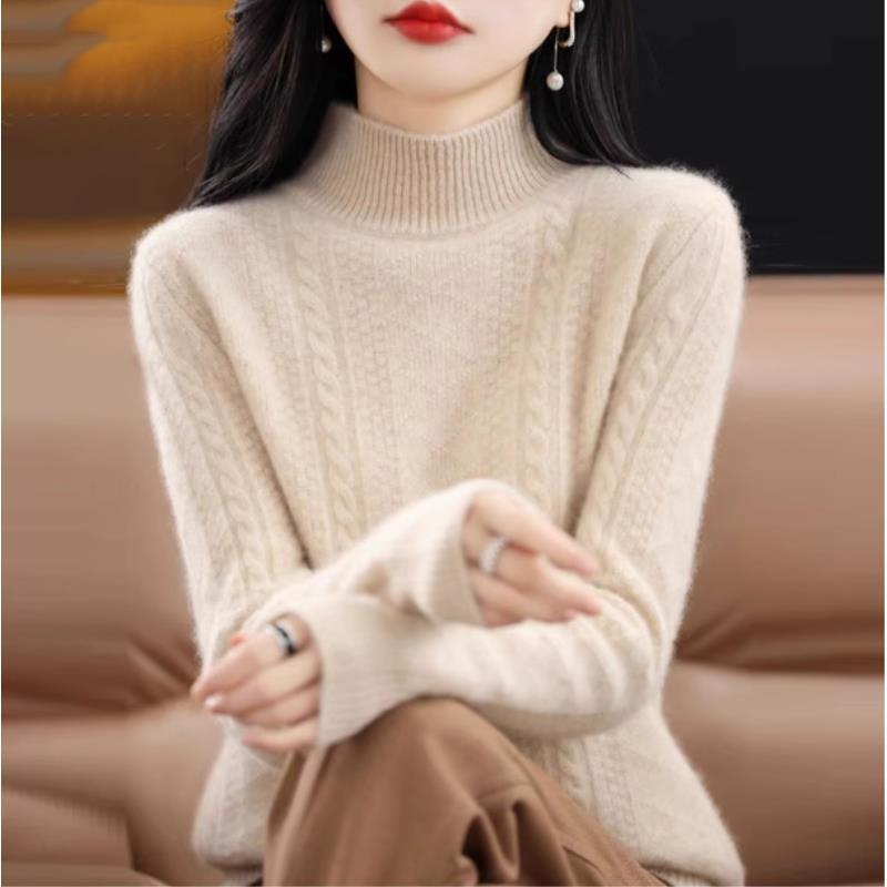 【重磅加厚】100%纯山羊绒衫女半高领钮花宽松显瘦百搭针织衫打底衫