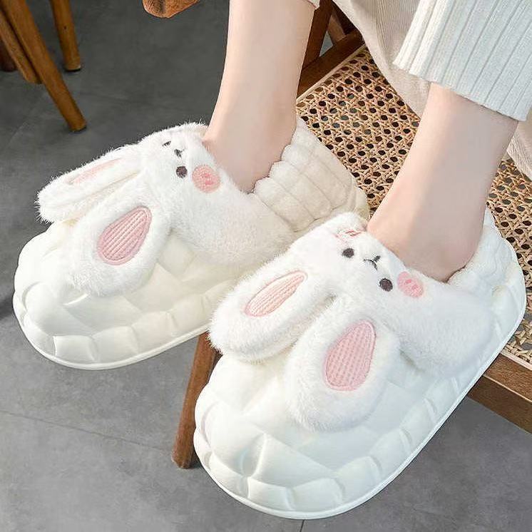 冬季外穿踩屎感可拆卸兔子棉拖鞋女居家防水保暖包跟毛绒棉鞋漫步