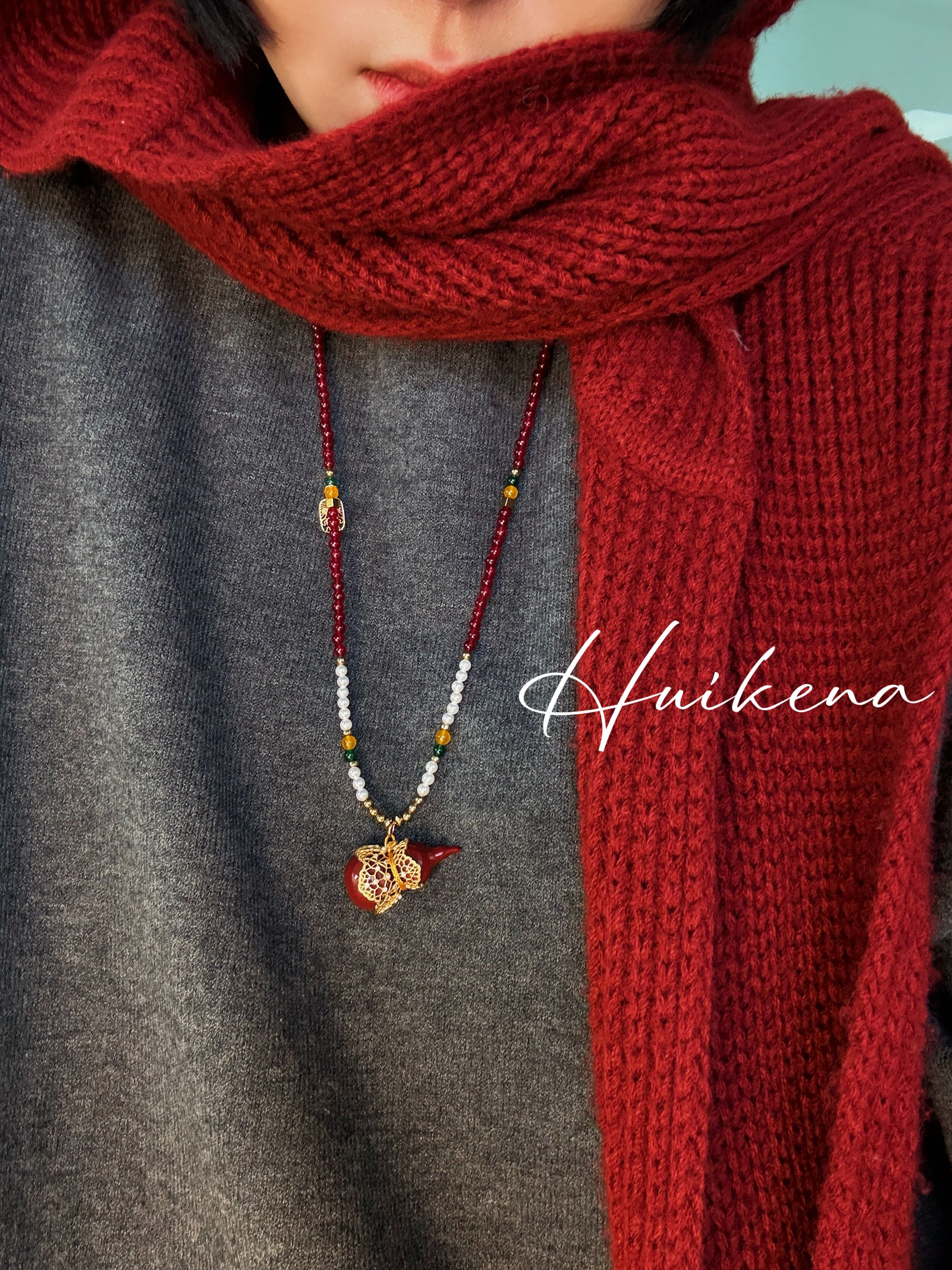 钛钢项链 HUIKENA【蕾丝双收】原创秋冬彩色珐琅珍珠蕾丝葫芦NA151