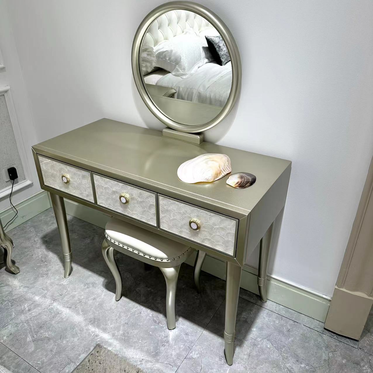美式轻奢极简实木妆台/家用卧室化妆桌贝壳妆台尺寸:1000*450*760