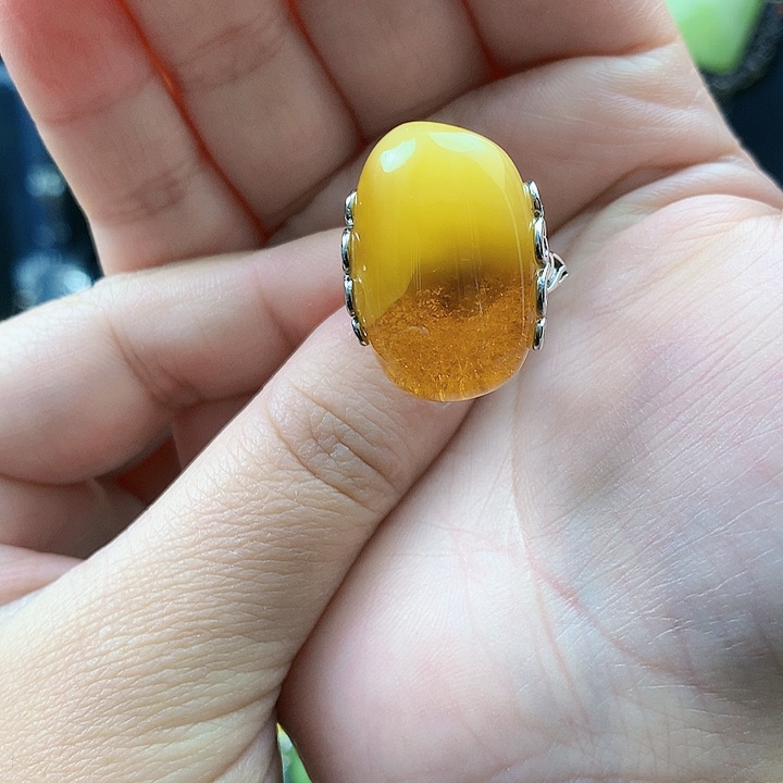琥珀裸石银S925镶嵌戒指