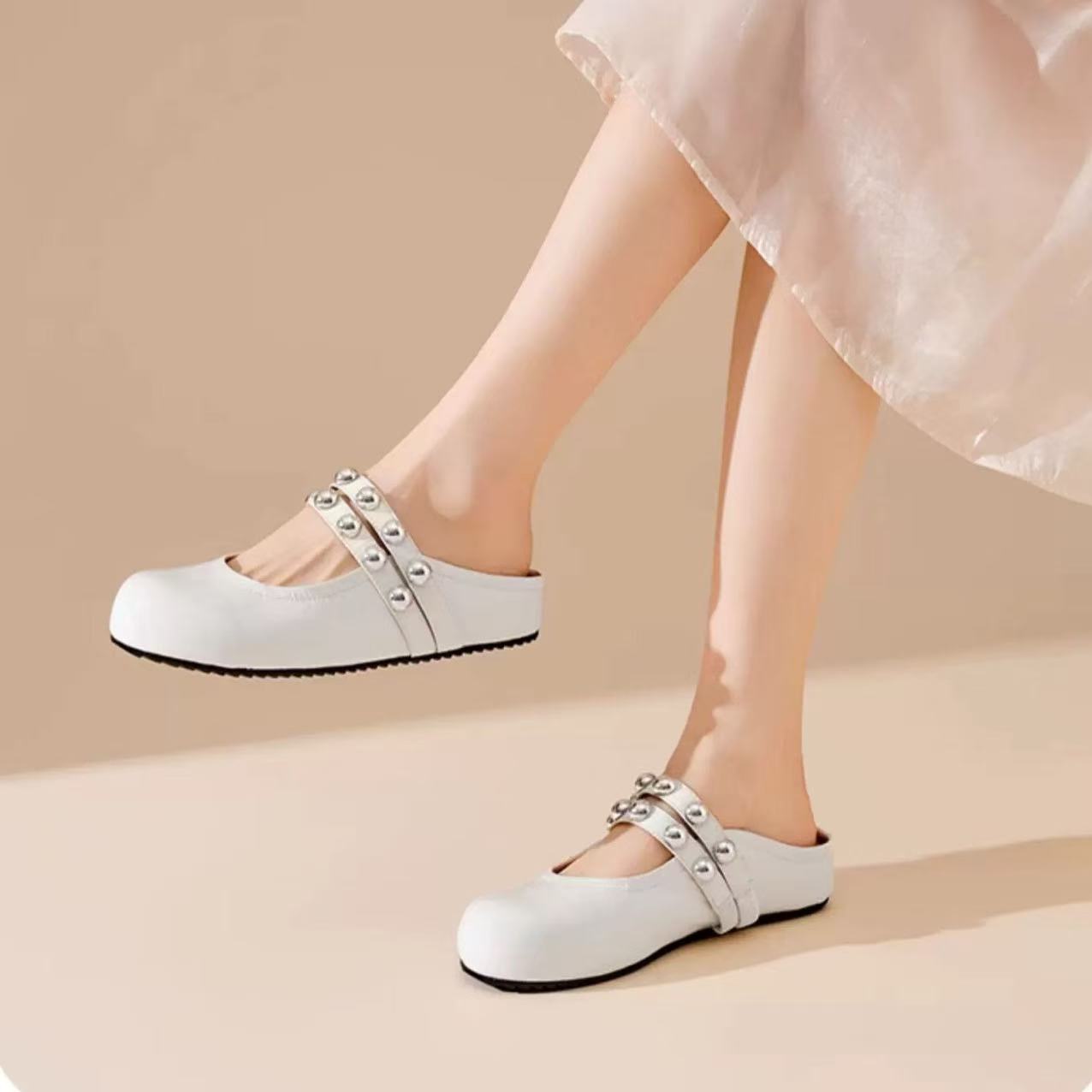 C6697 米白色  低跟包头拖鞋女2025新款时尚凉拖鞋