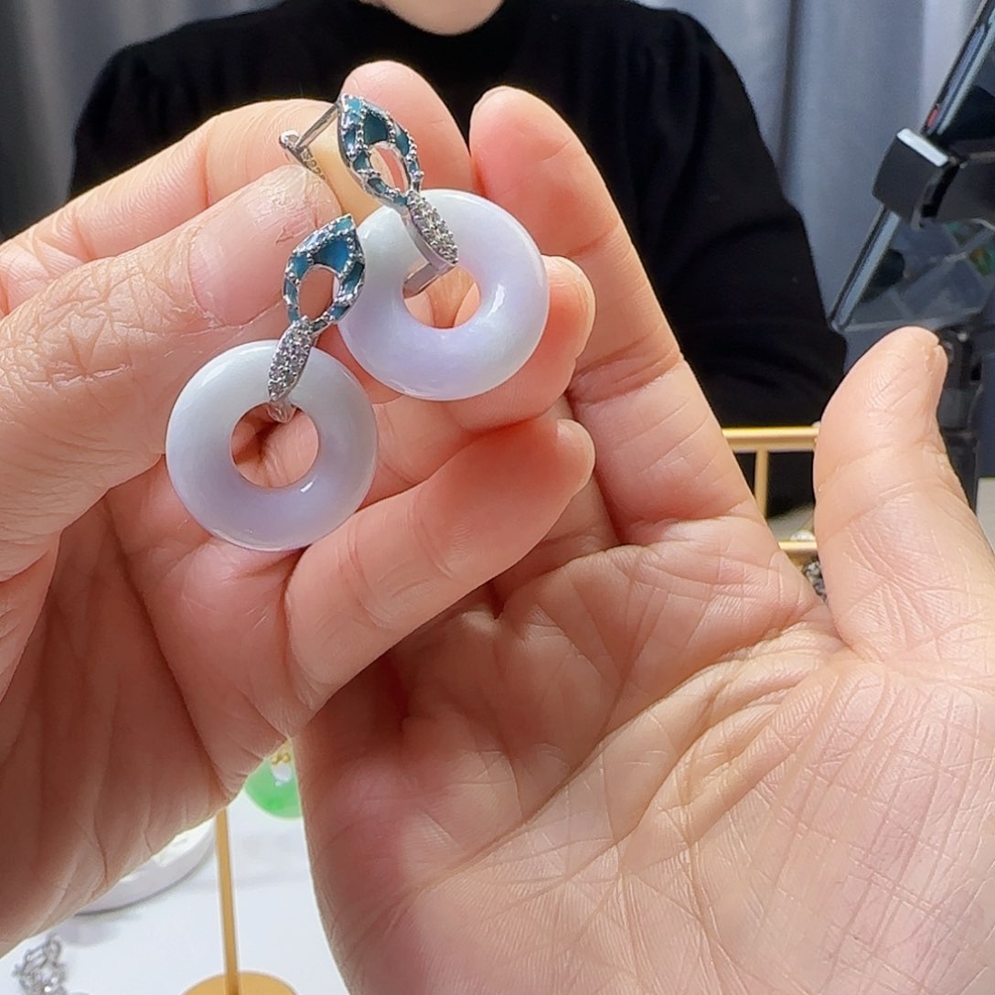 翡翠耳饰银S925镶嵌天然缅甸