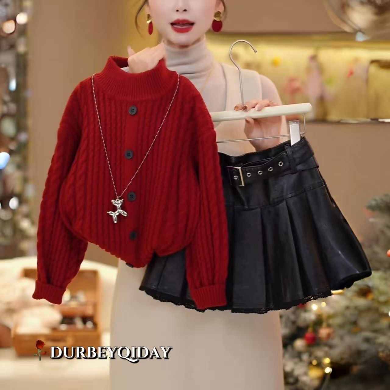 女童2025冬季新款韩版纯色套头麻花纹毛衣百搭裤裙套装6032