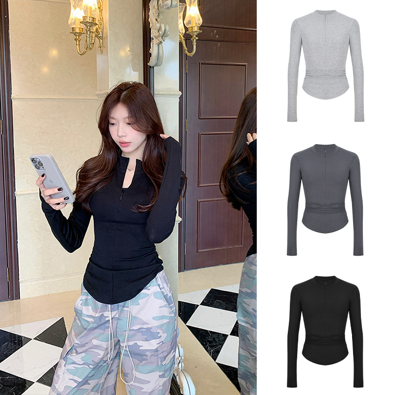 Moses Queen/魔西女王纯欲风半拉链纯色修身显瘦T恤辣妹掐腰长袖