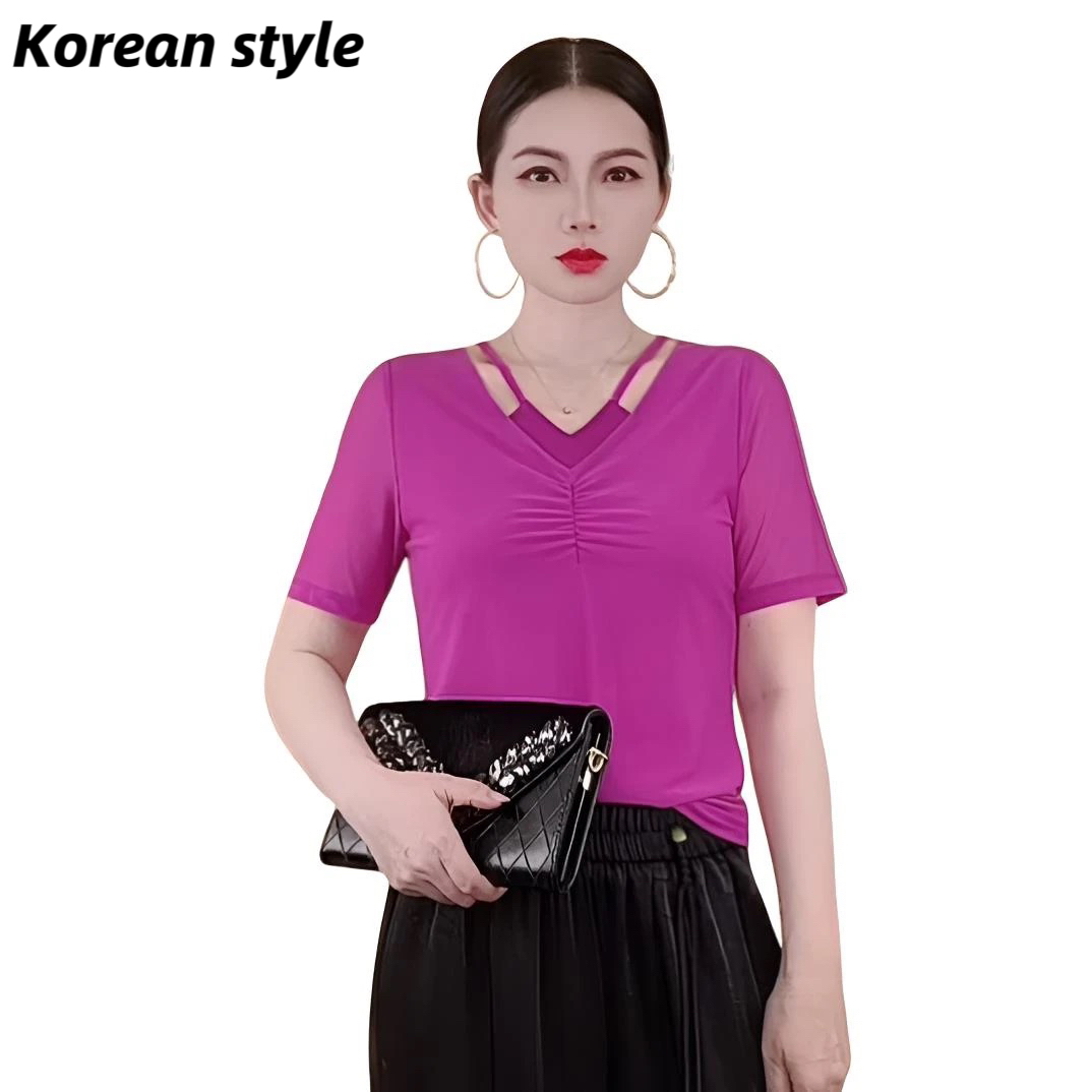 【Korean style】2806法式V领极简风夏季女士冰丝网纱上衣纯色T恤