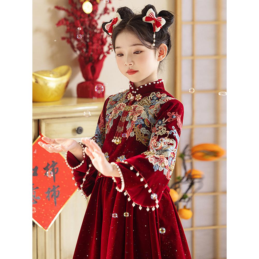 女童礼服秋冬长袖花童婚礼小女孩拜年高级感轻奢小众高端红色演出