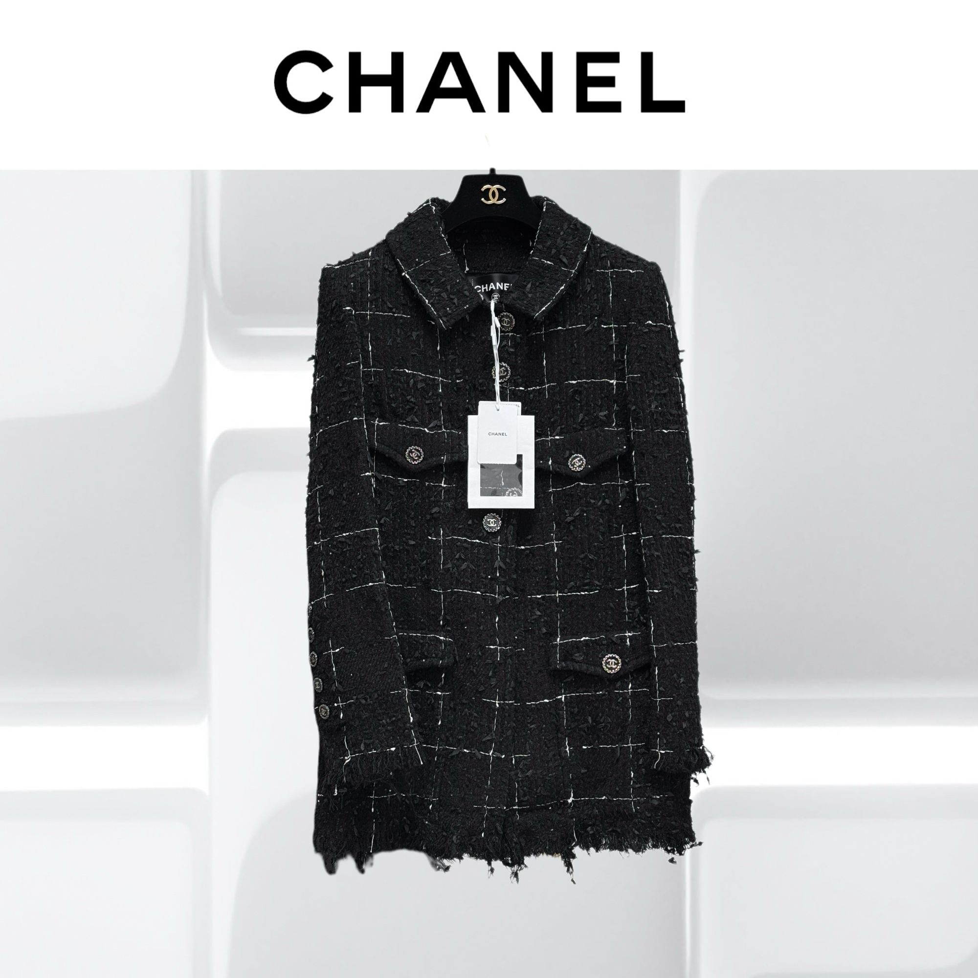 99新 Chanel/香奈儿 36码22C黑白格纹软呢翻领长袖外套