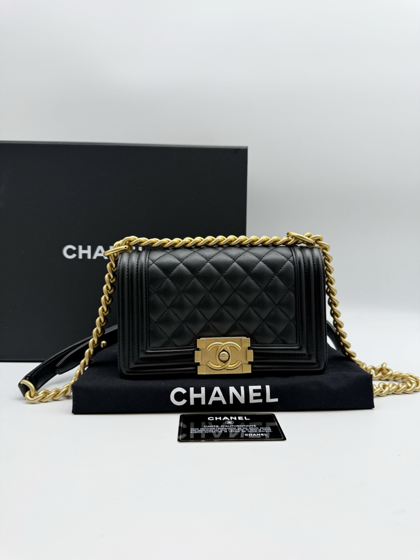 95新 Chanel/香奈儿 Leboy 黑金小号 光面牛皮 单肩斜挎包 二手