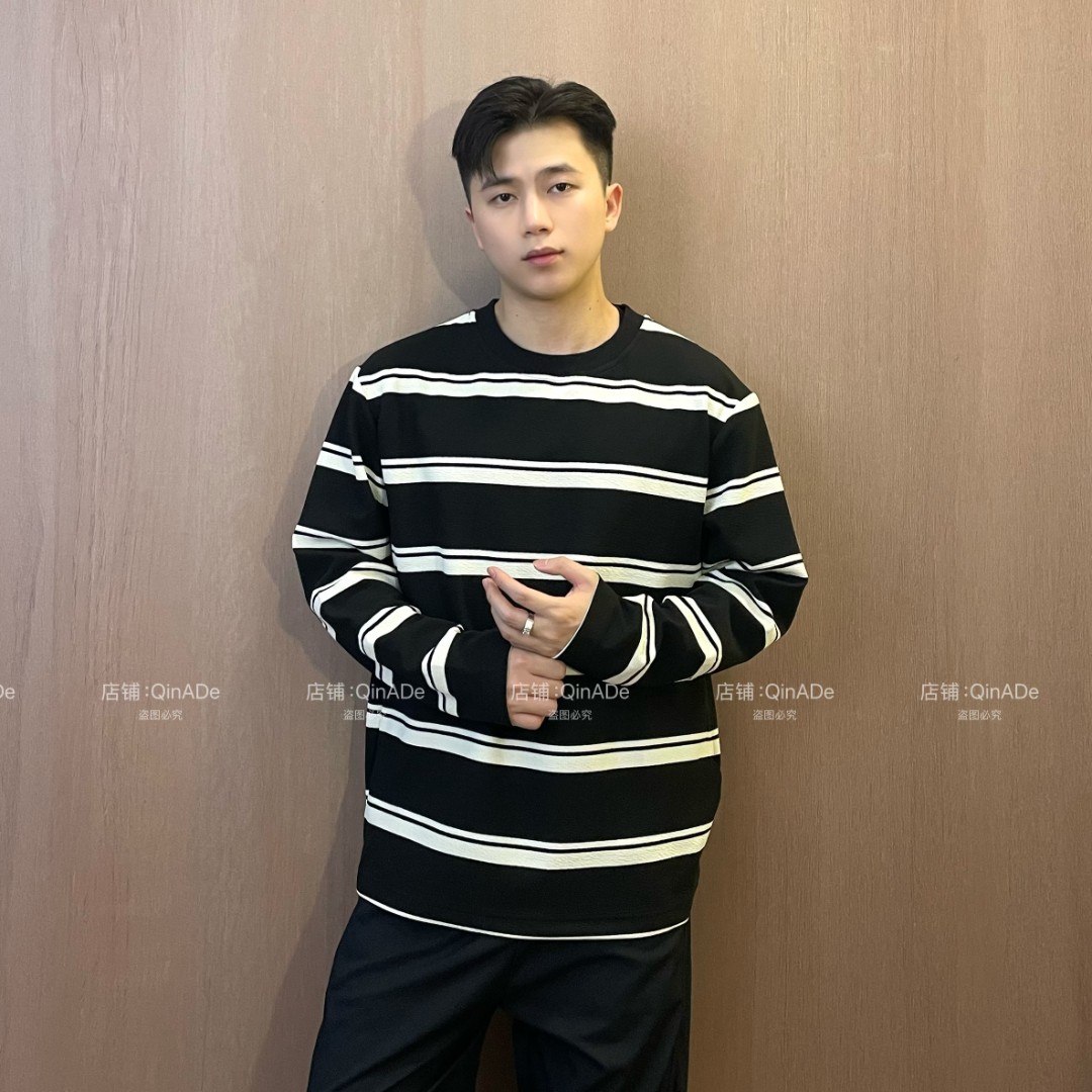 QinADe韩版潮流时尚撞色条纹休闲百搭圆领宽松上衣肌理纹T恤男士