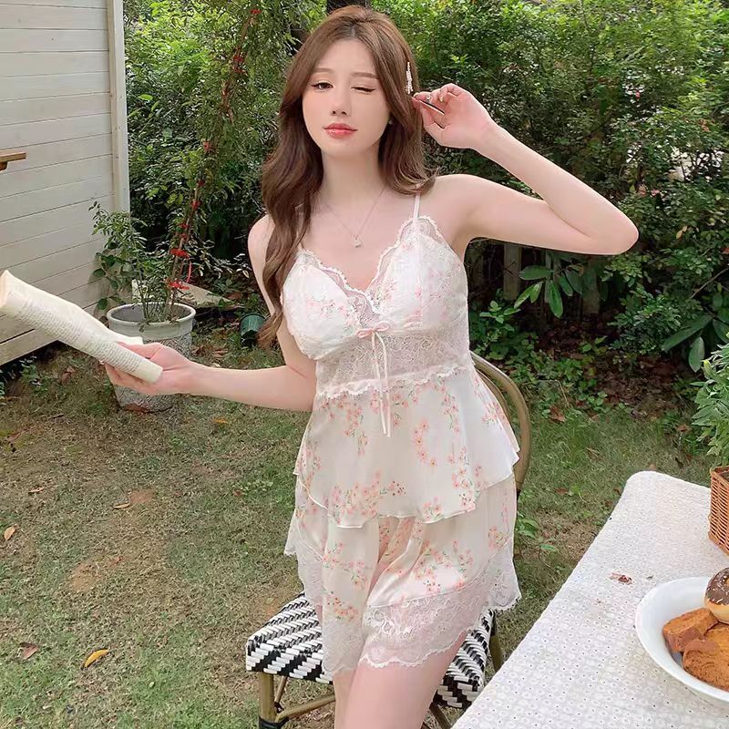 【花前月下】蕾丝显瘦夏季少女ins日系诱惑露背纯欲风性感家居服