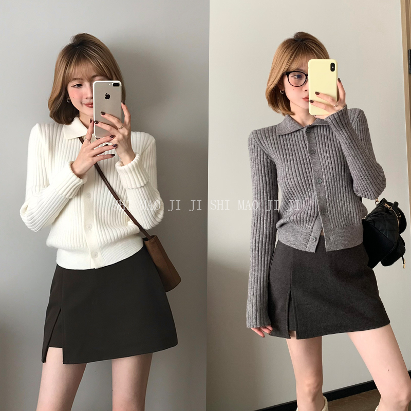 Moses Queen/魔西女王红色polo领针织衫女百搭修身小香风翻领毛衣