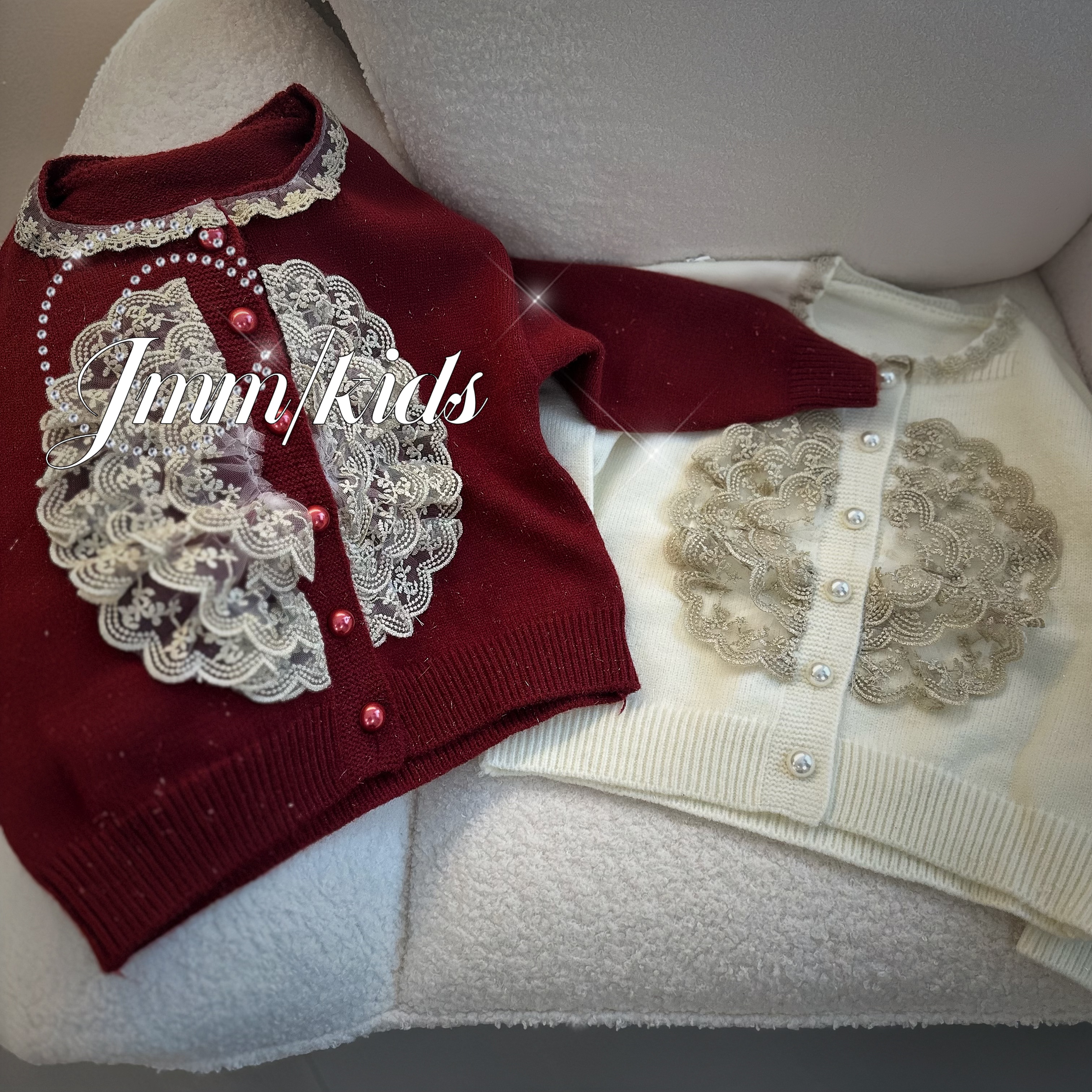 F006 F007 女童红色蕾丝花边开衫毛衣洋气重工时尚小香风