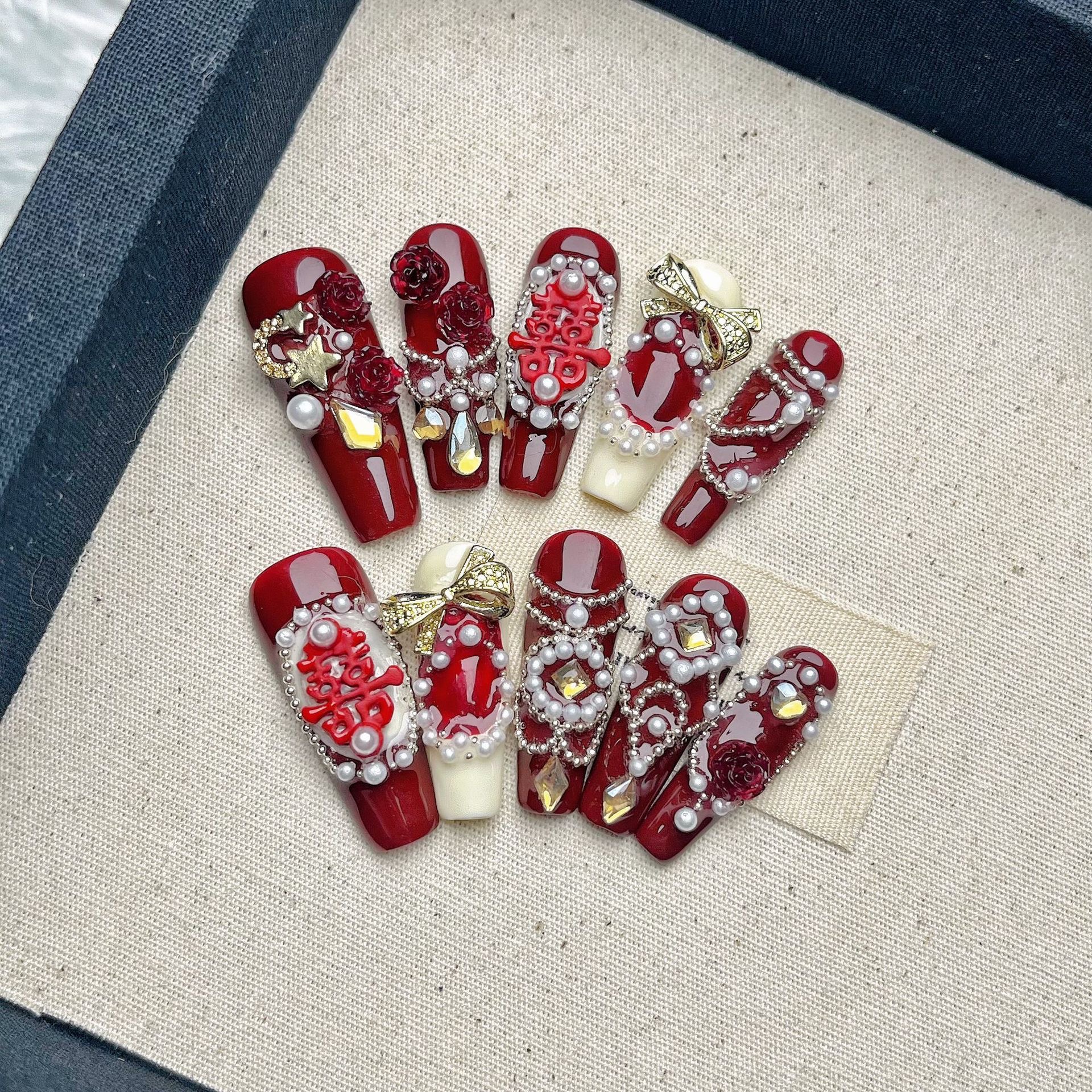 纯手工囍字美甲结婚必备成品婚甲专用结婚穿戴甲新中式国风穿戴甲