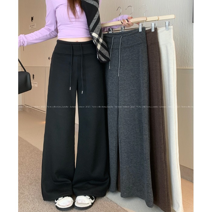 慵懒黑色抽绳休闲裤女秋冬加绒加厚阔腿裤子百搭高腰直筒拖地长裤
