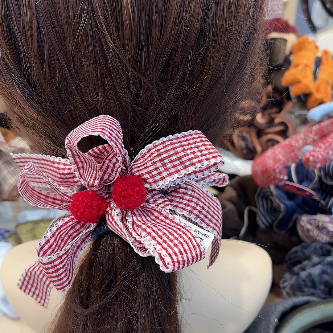 布艺非金属电话线红格子蝴蝶结