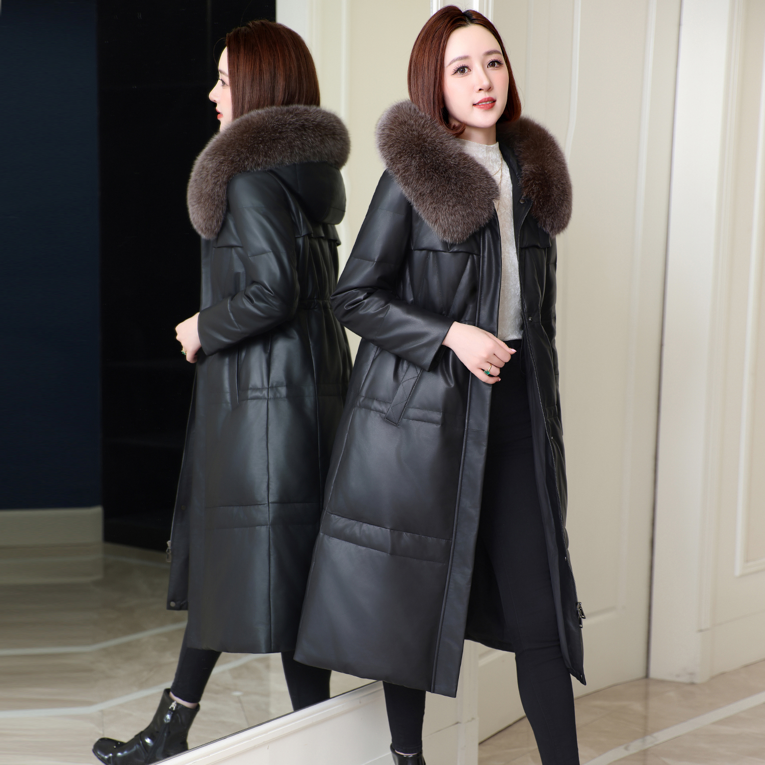 真皮羽绒服女中长款绵羊皮皮衣2025冬新款海宁皮草长款过膝外套女