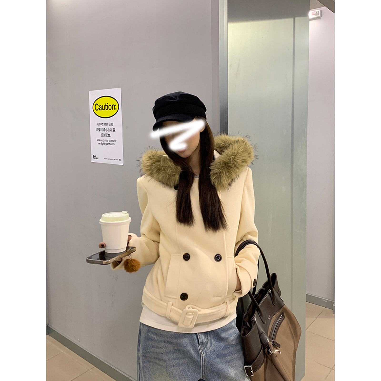 毛领双排扣短款毛呢咩咩毛大衣连帽外套女收腰秋冬款加厚百搭时尚