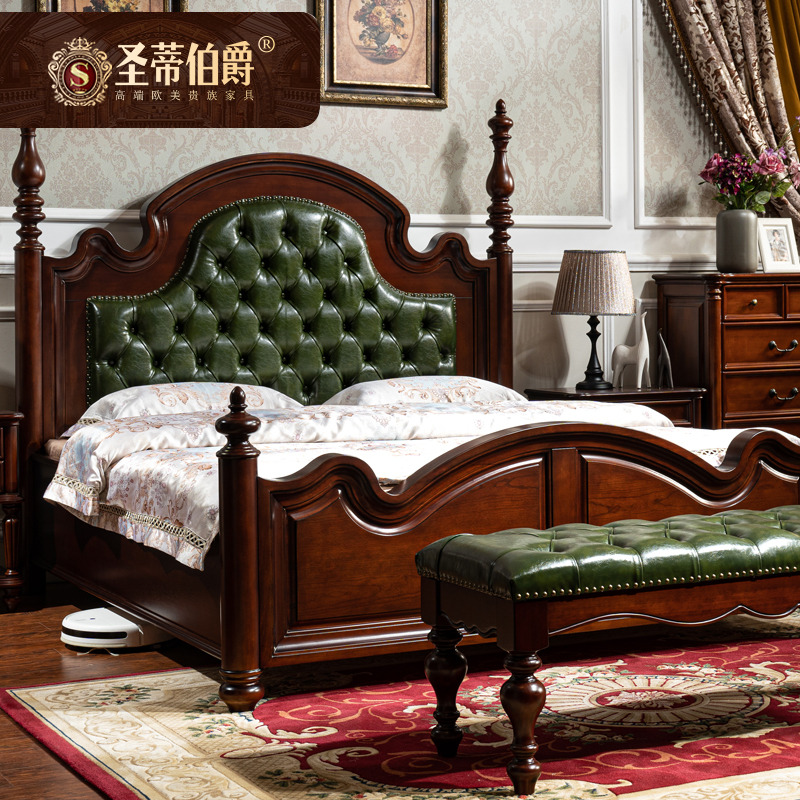 美式全实木大床主卧室头层牛皮双人婚床别墅高端真皮床