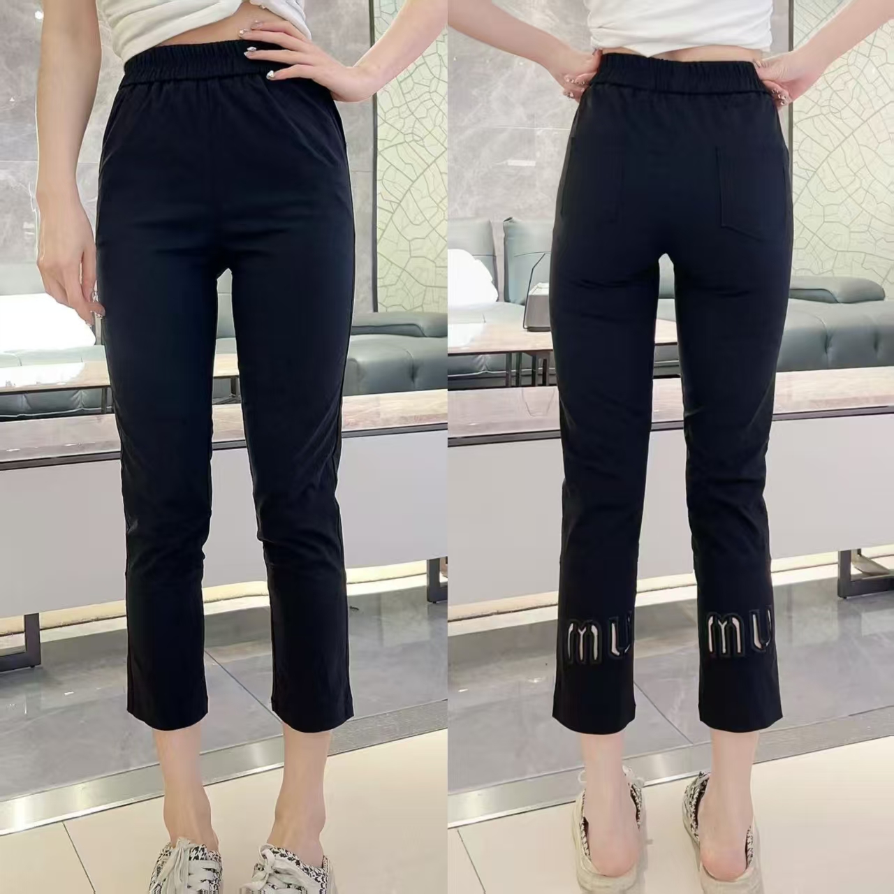 小7038 夏季百搭透气薄款速干镂空字母松紧腰直通九分裤烟管裤