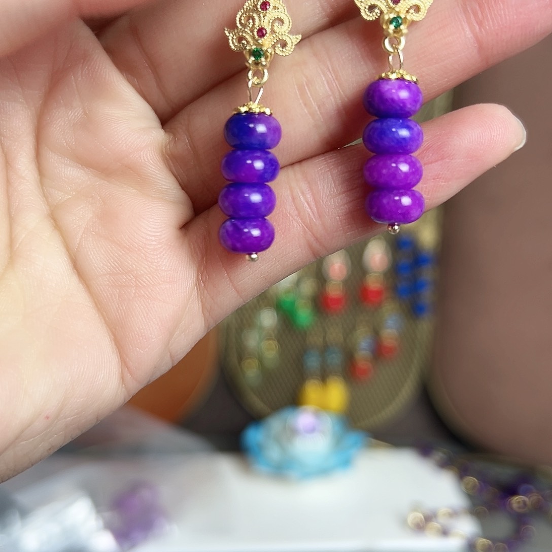 银S925镶嵌耳钉玛瑙/玉髓紫色