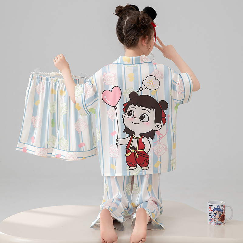 bejirog/北极绒元气卡通短袖开衫款女童夏季新品冰雪丝睡衣三件套