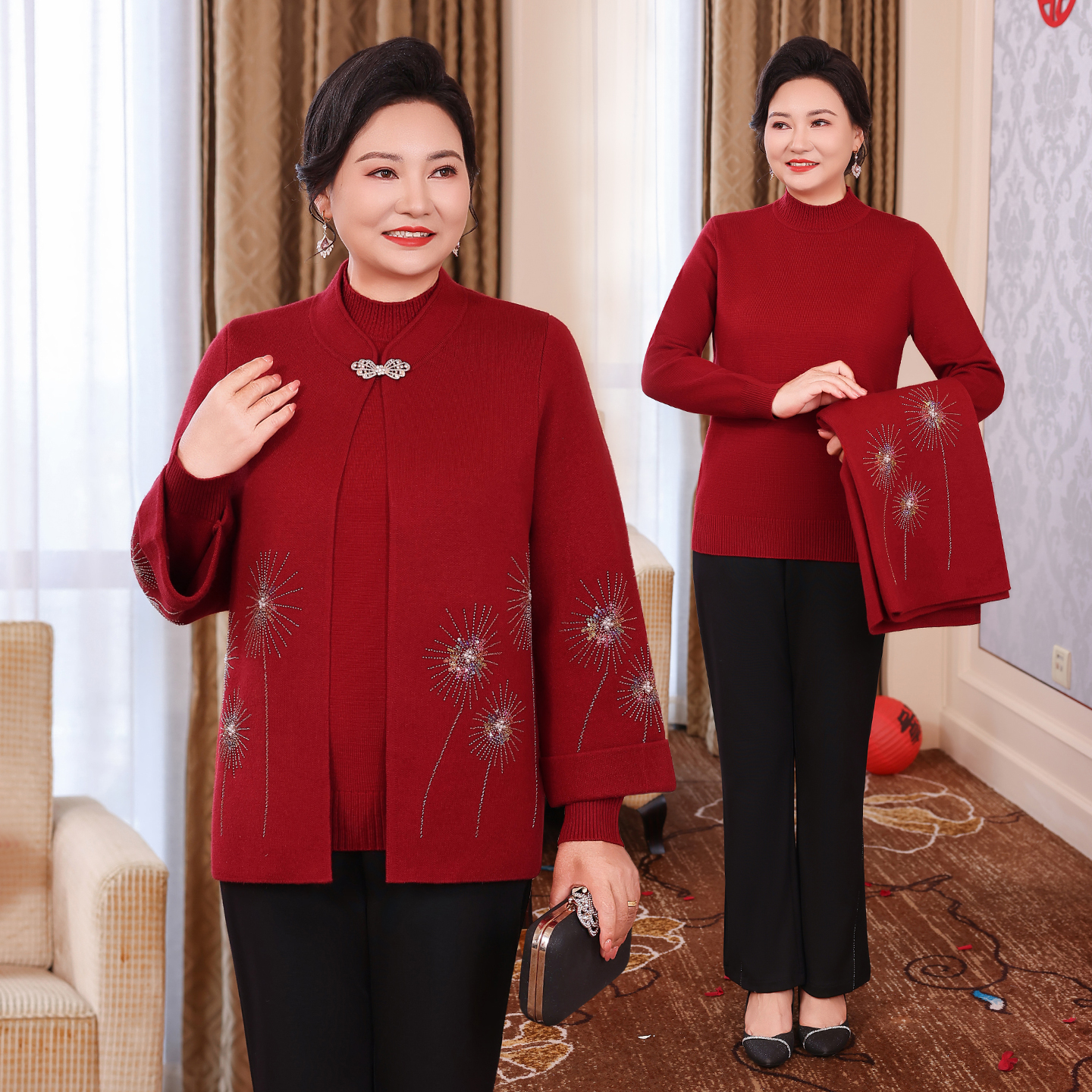 时尚冬装刺绣常规宽松型时髦中老年妈妈装针织两件套WPD172-1851