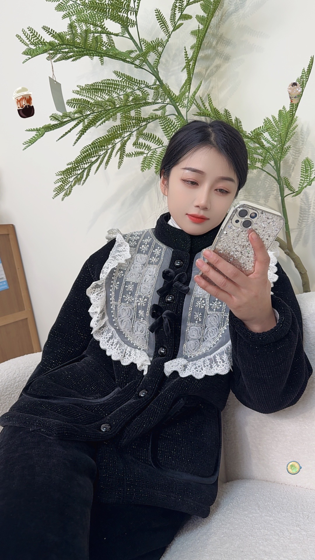 重工蕾丝花边加厚家居服女可外穿三层夹棉睡衣套装