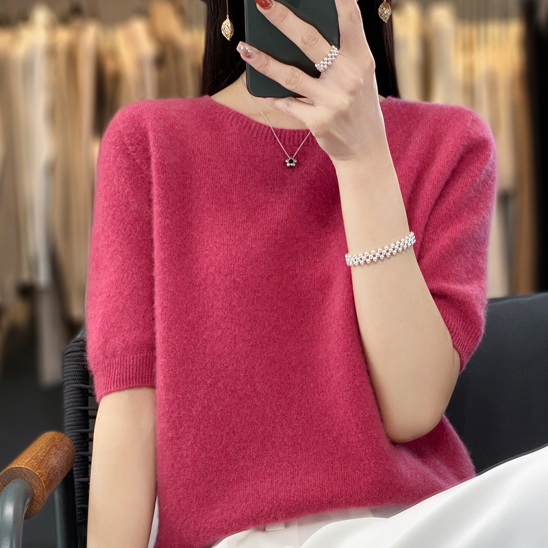 一线成衣羊毛短袖女圆领100%羊毛半袖宽松显瘦五分袖针织衫毛衣