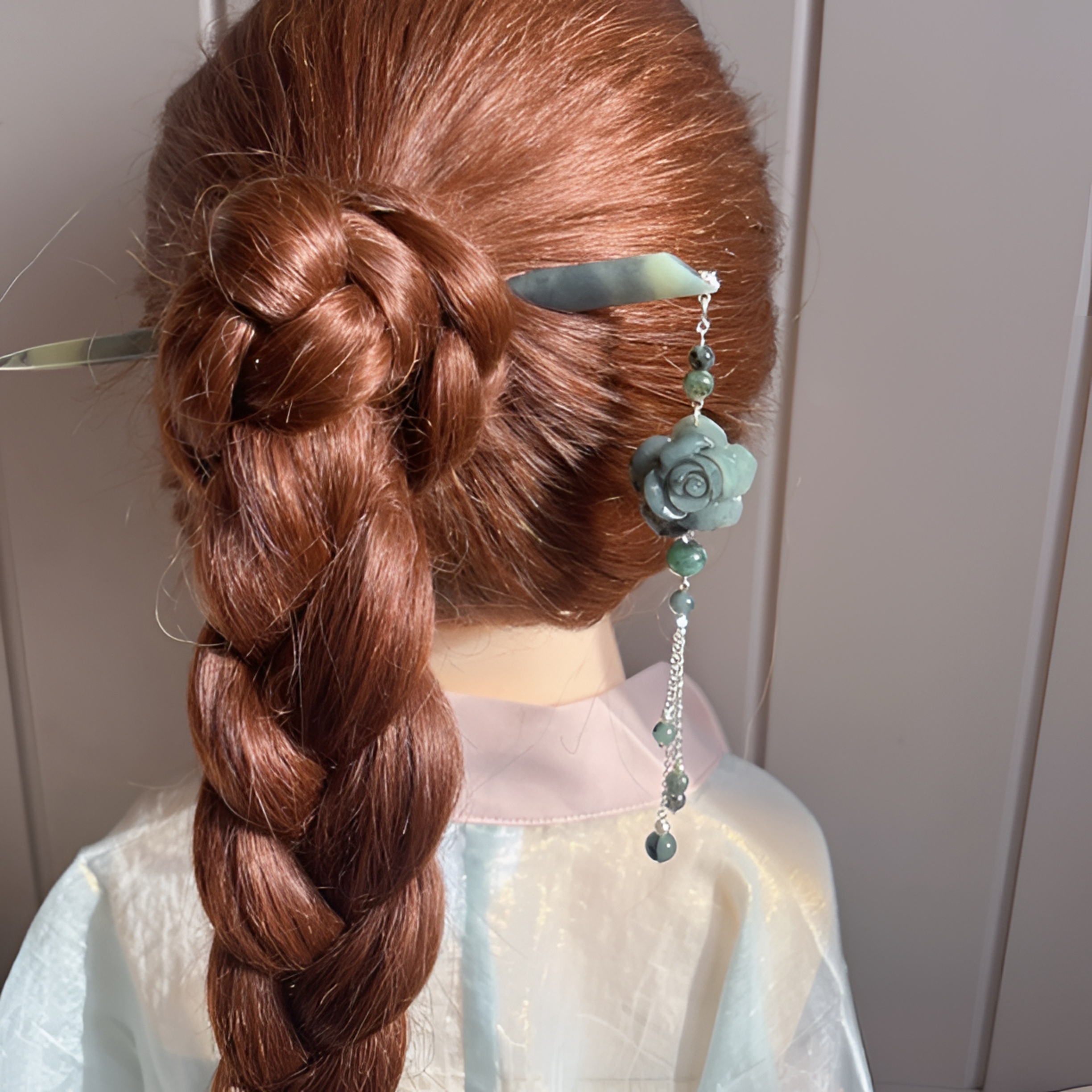 新中式岫玉玫瑰花牌长流苏发簪 天然玉石默认微瑕 no退换介意勿拍