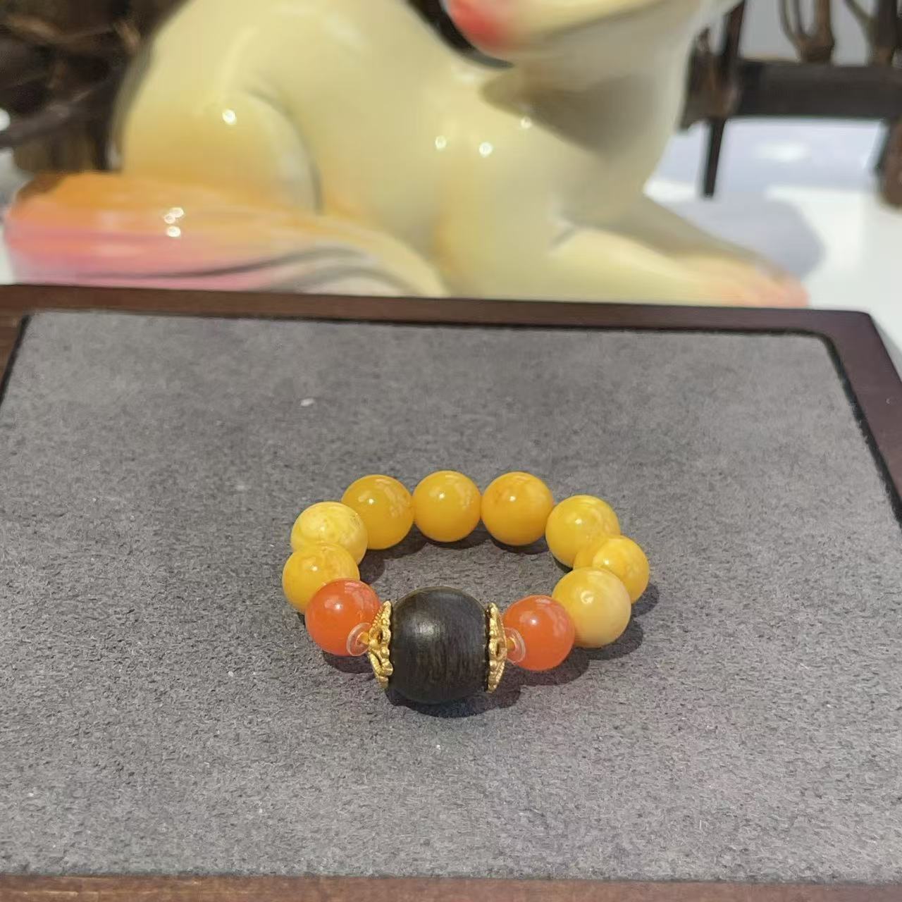 沉香白奇楠南红冰红蜜蜡圆珠戒指925s（寒汀）ABQ7113