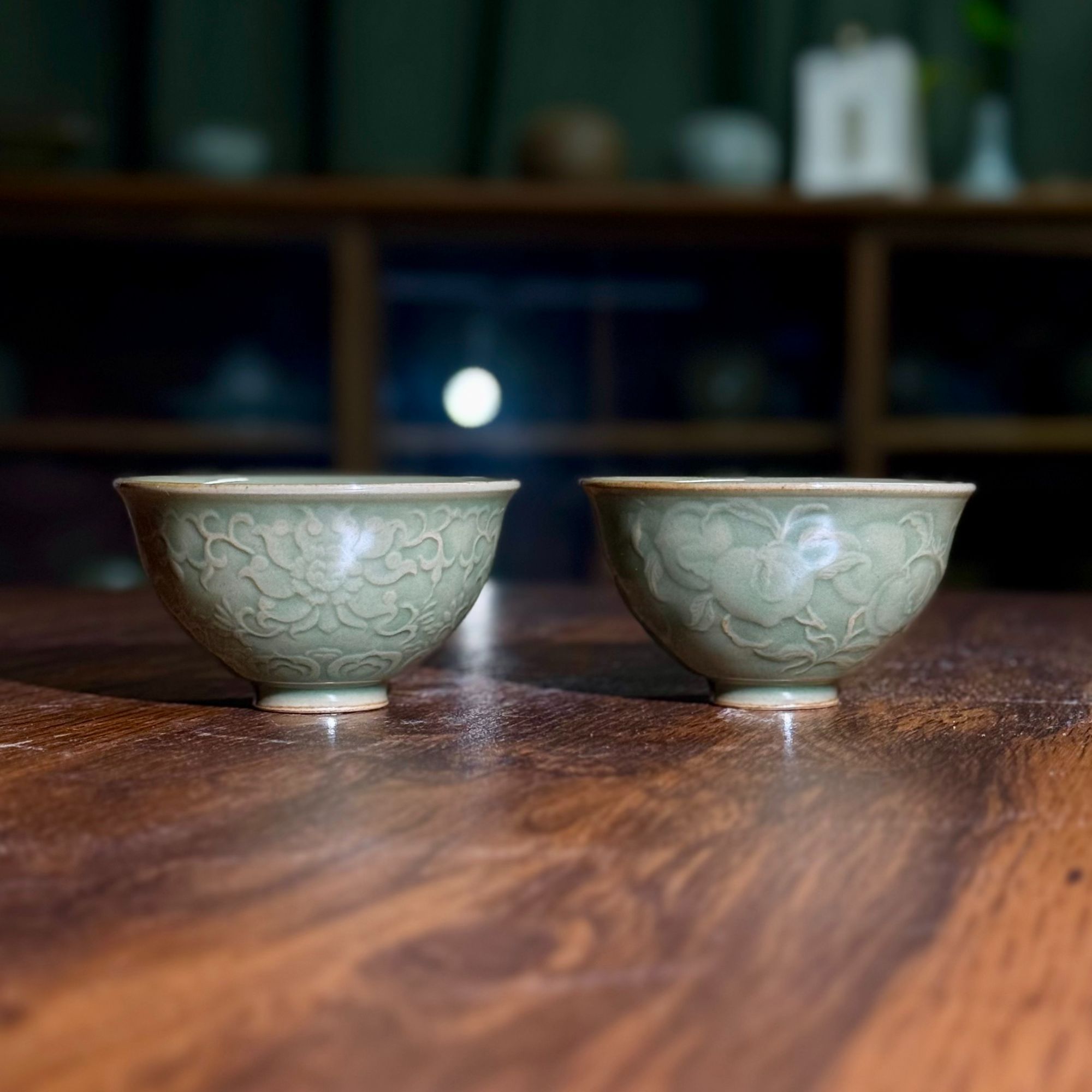 【长安知己】中国非遗「浮雕鸡心杯」耀州窑原矿青瓷茶盏茶杯70ml