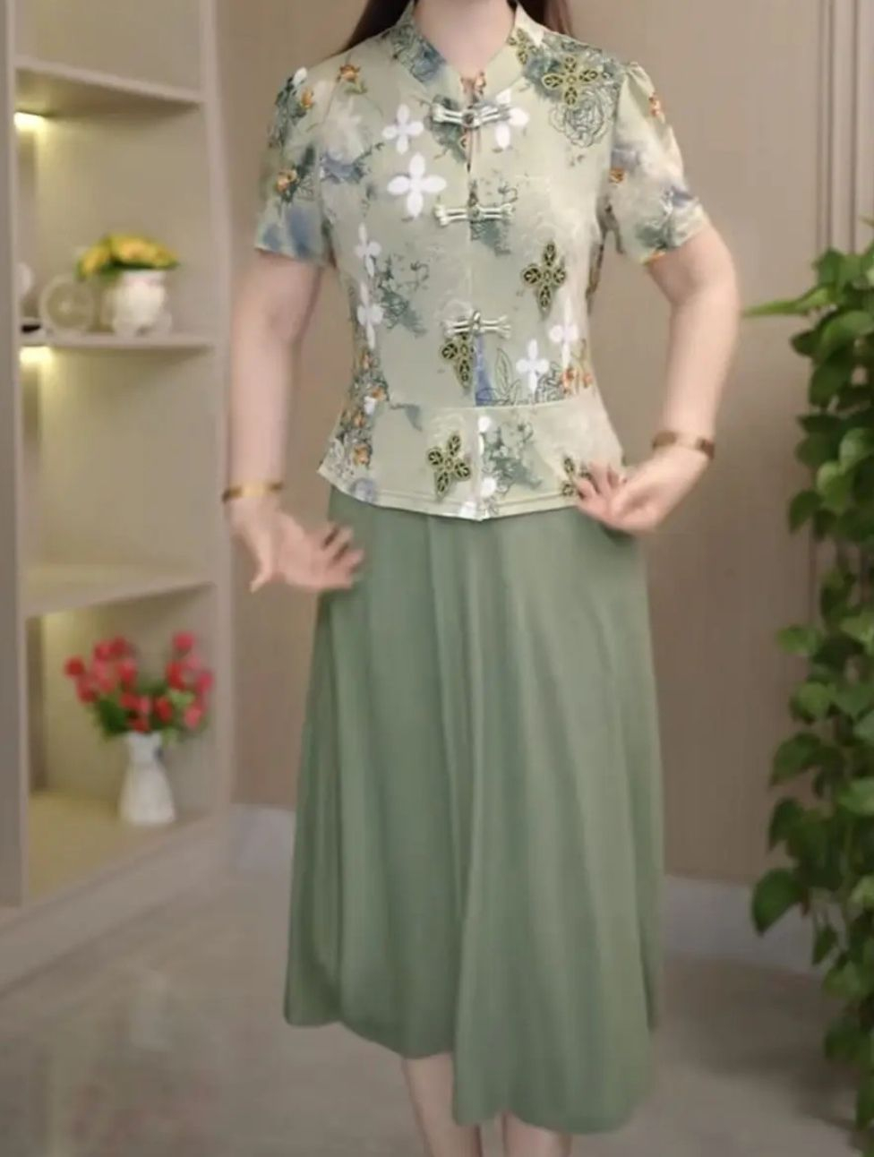 9082冰旗袍假两件气质显瘦连衣裙夏季妈妈装中式印花短袖裙子