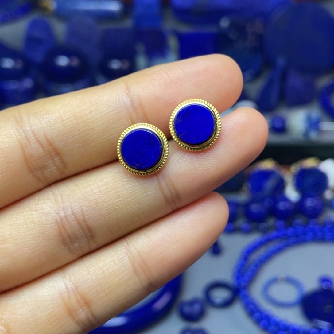 青金石银S925镀金镶嵌10mm耳饰