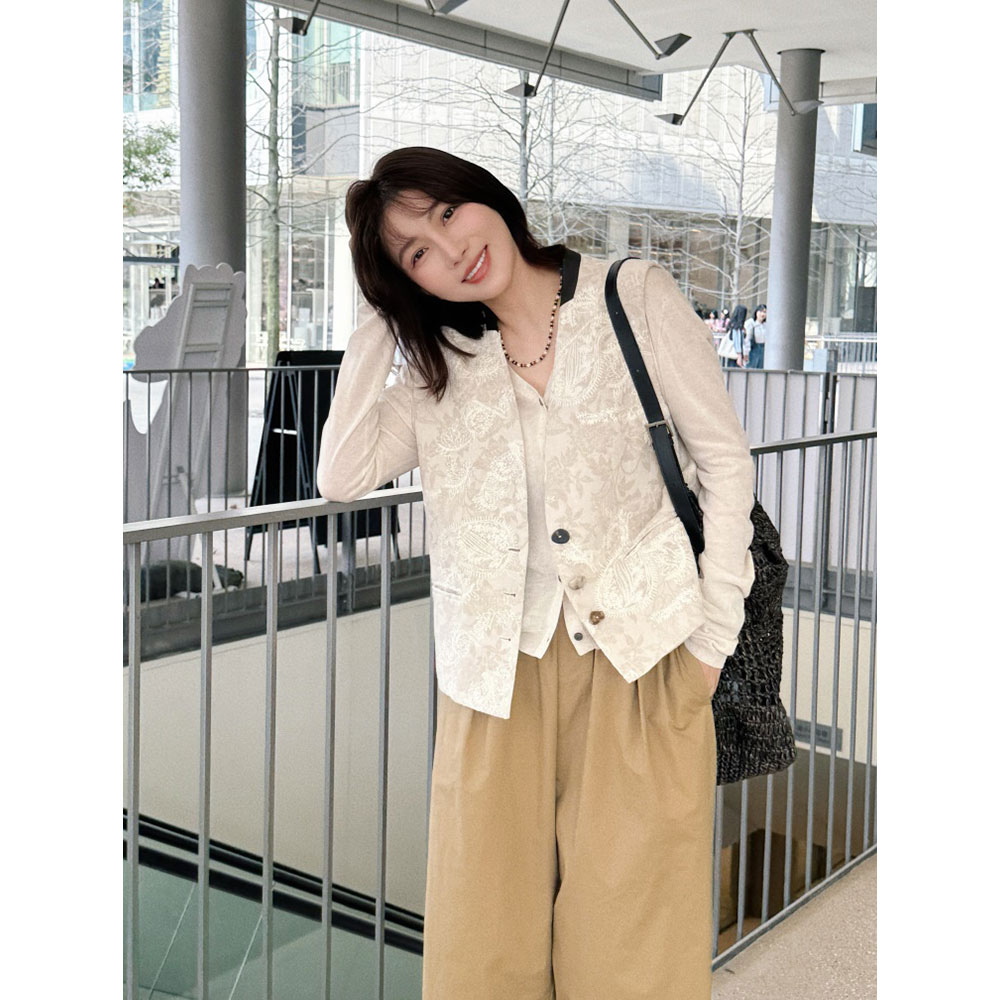【MGDM】亚麻重工提花立体浮雕绣拼皮领马甲背心女2025春DDJ25055