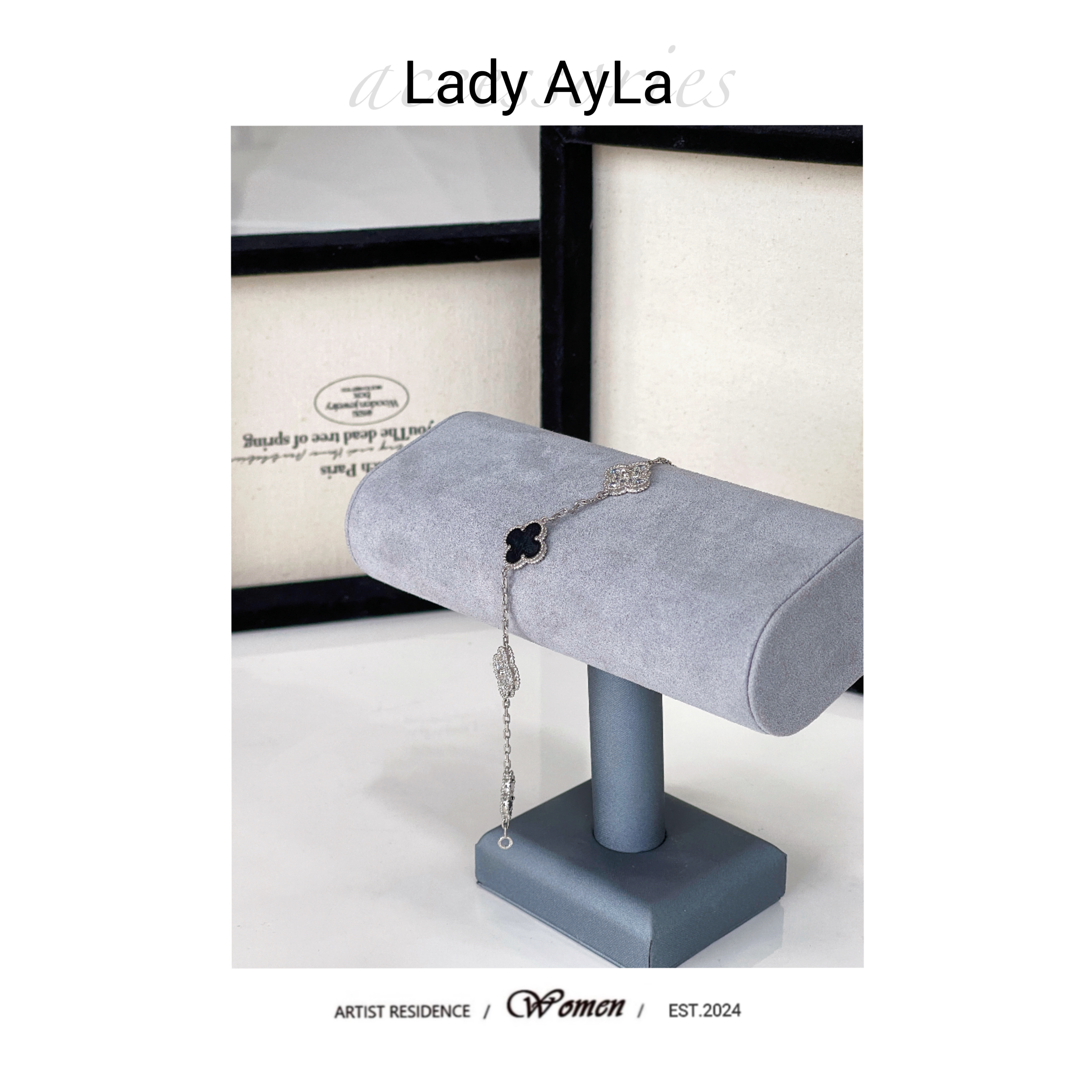 925银合成锆石手链 四叶花草黑白间隔熊猫手链 简约百搭AL589