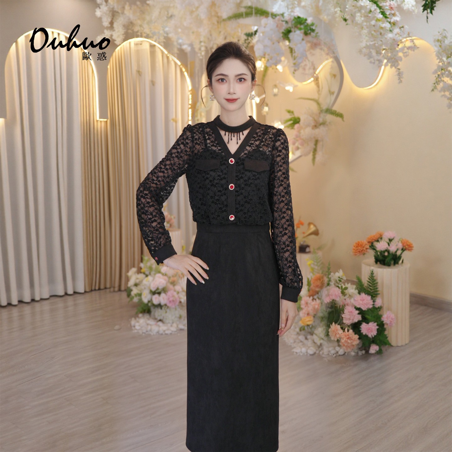 【米米定制】2025年秋冬新款复古拼接时尚修身蕾丝连衣裙OHDRI11079