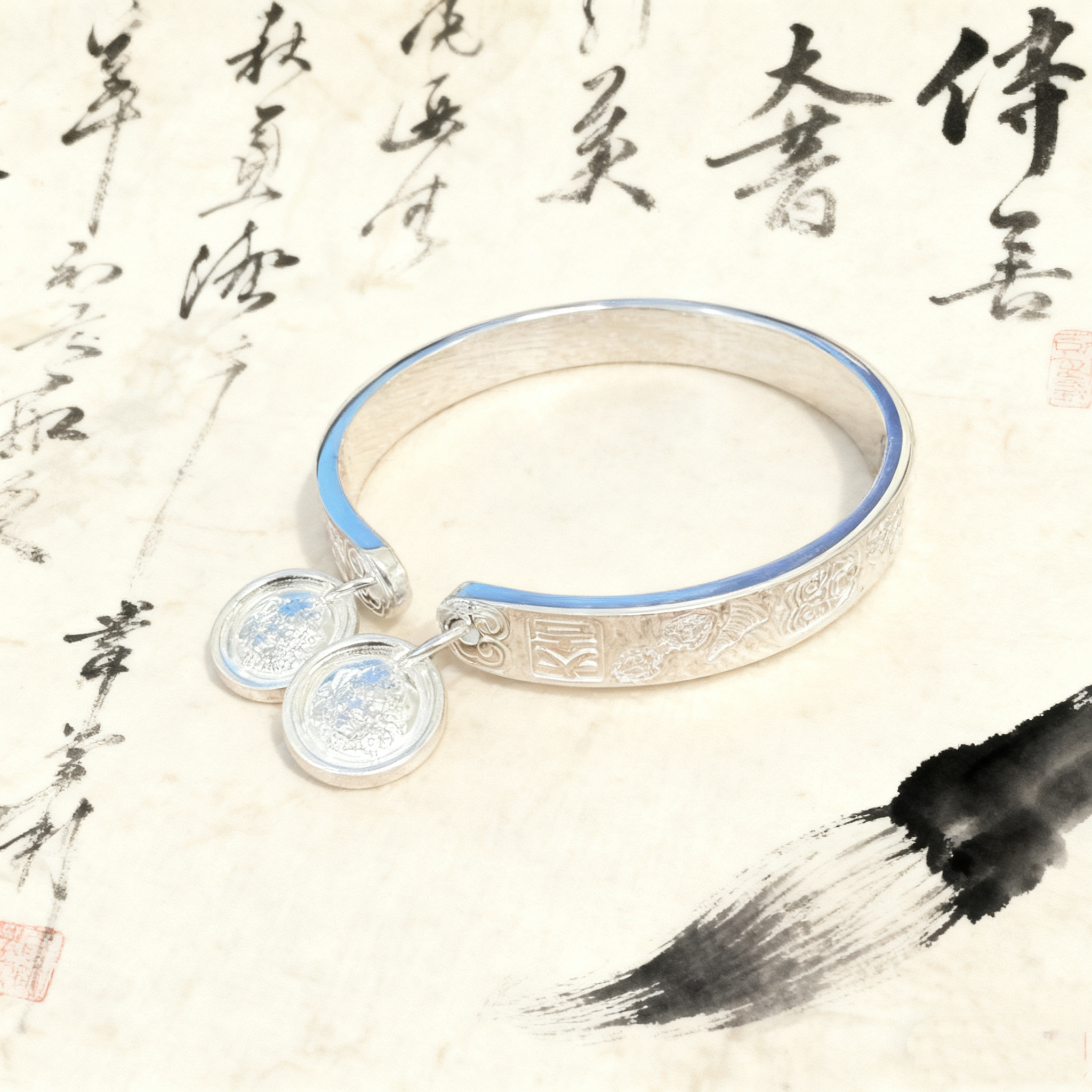 足银手镯 【吉言吊坠黄财开口镯】足银999