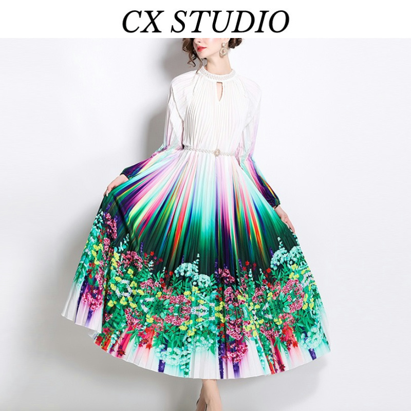 高端百褶裙新款气质连衣裙宽松显瘦遮肚印花裙子S8797