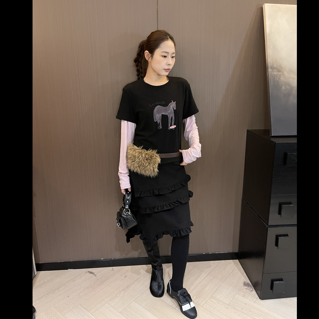 【AILSA BABY】欧货加绒圆领胸前小马图案撞色长袖假两件/122303A