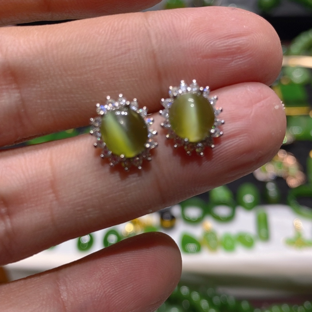 和田玉（碧玉）耳饰银S925镶嵌云*