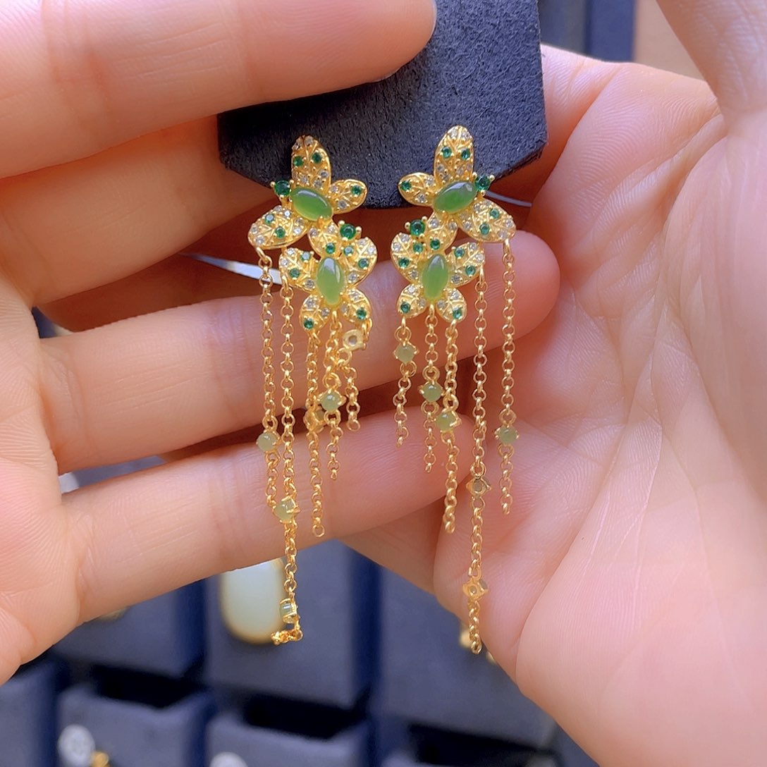 和田玉耳饰银S925镀金镶嵌