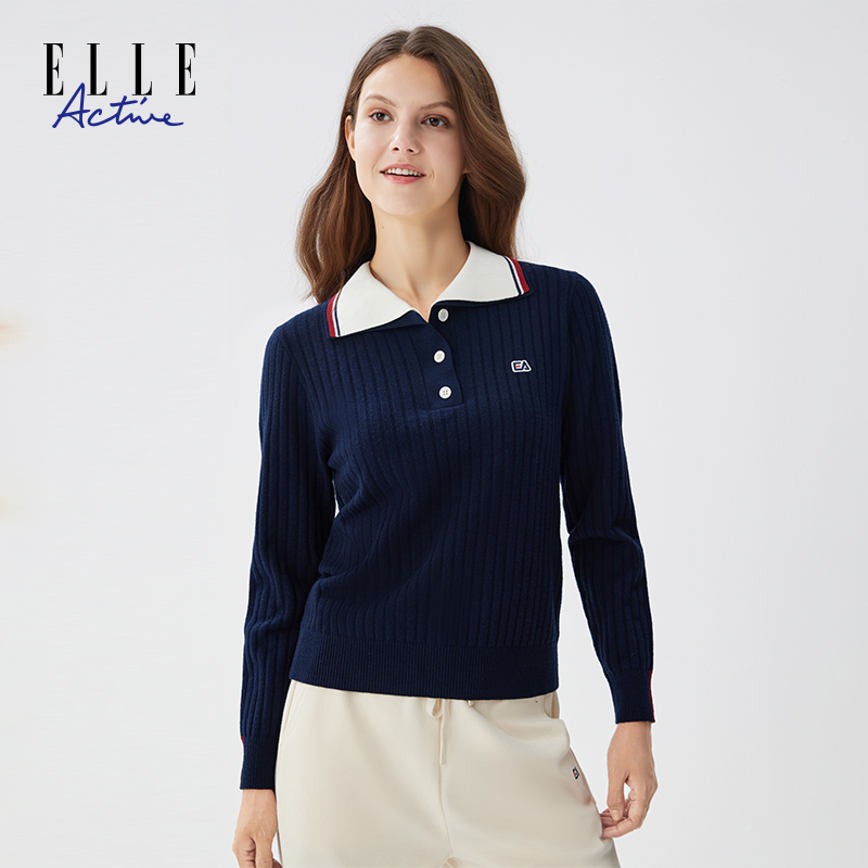 ELLE Active新款假两件翻领毛织女士百搭时髦保暖套头休闲针织衫