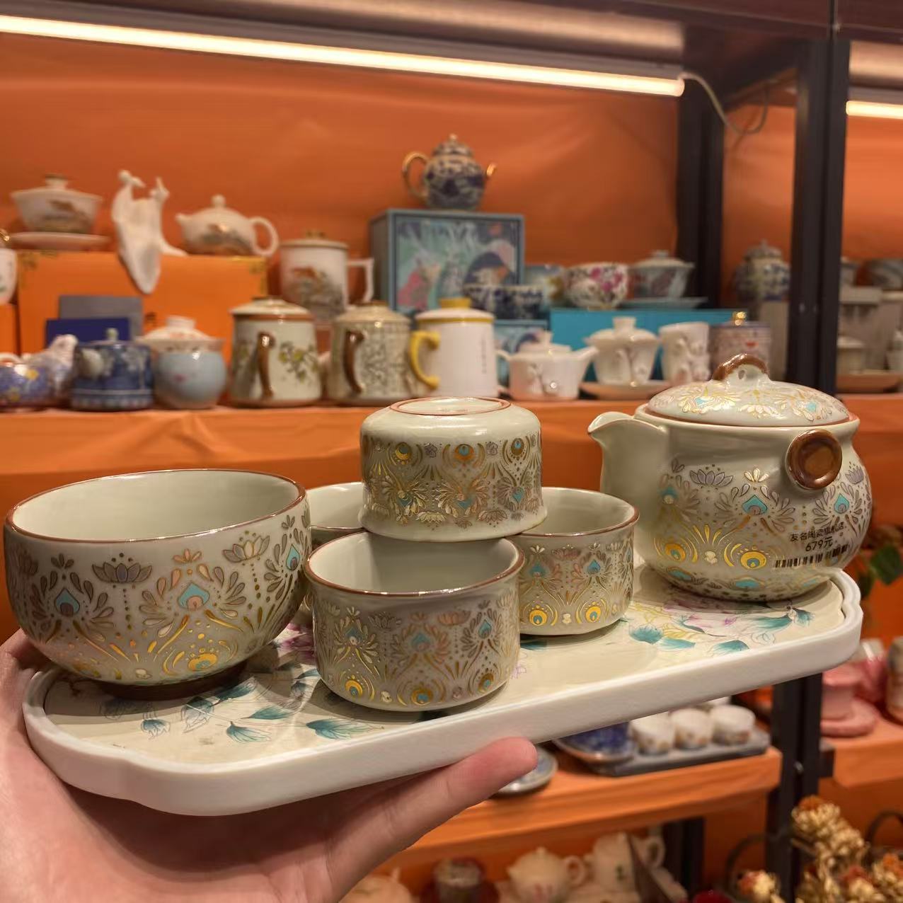 友名月白汝窑敦煌金银措手抓宝瓶一壶三杯套装家用功夫茶具-3074